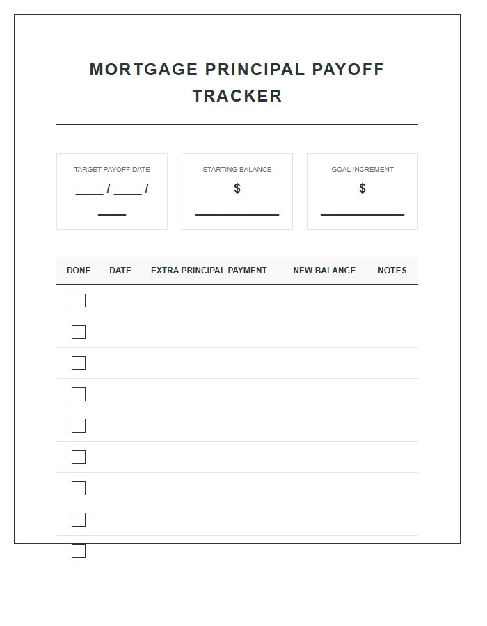 Mortgage Principal Payoff Tracker Printable Budget Chart