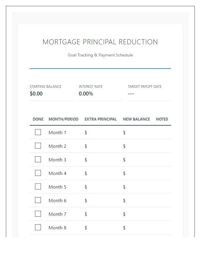 Mortgage Principal Reduction Printable Budget Chart