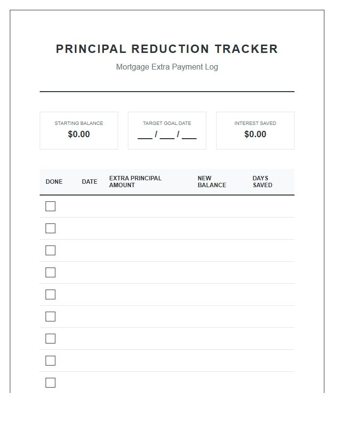 Principal Only Payment Mortgage Printable Budget Chart