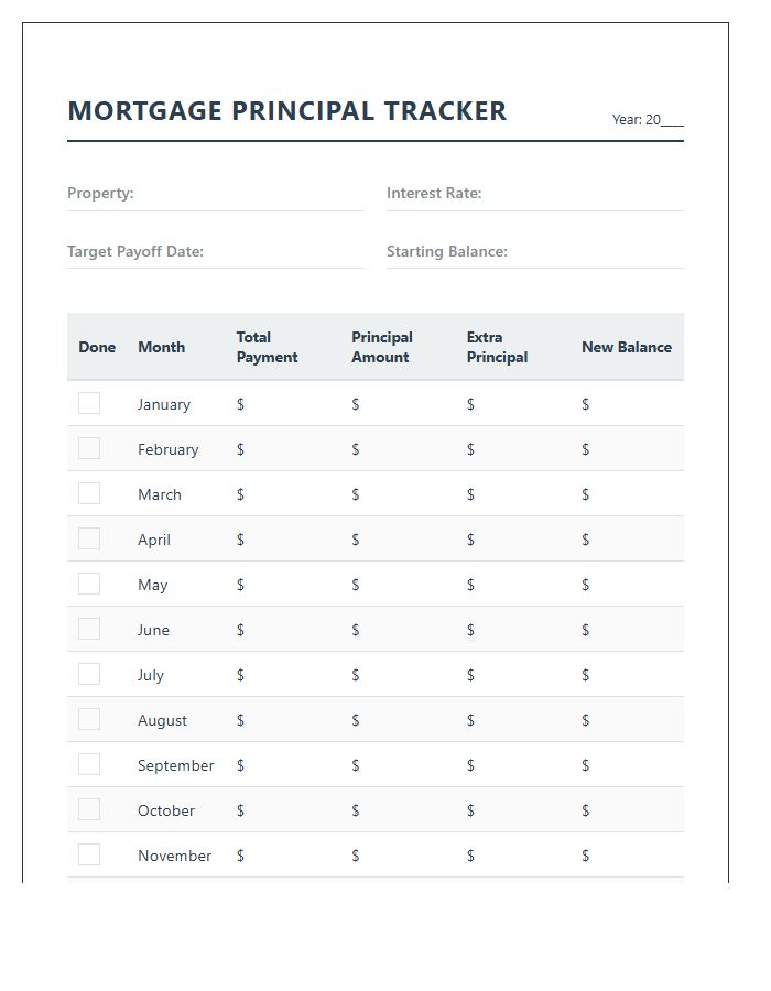 Residential Mortgage Principal Printable Budget Chart