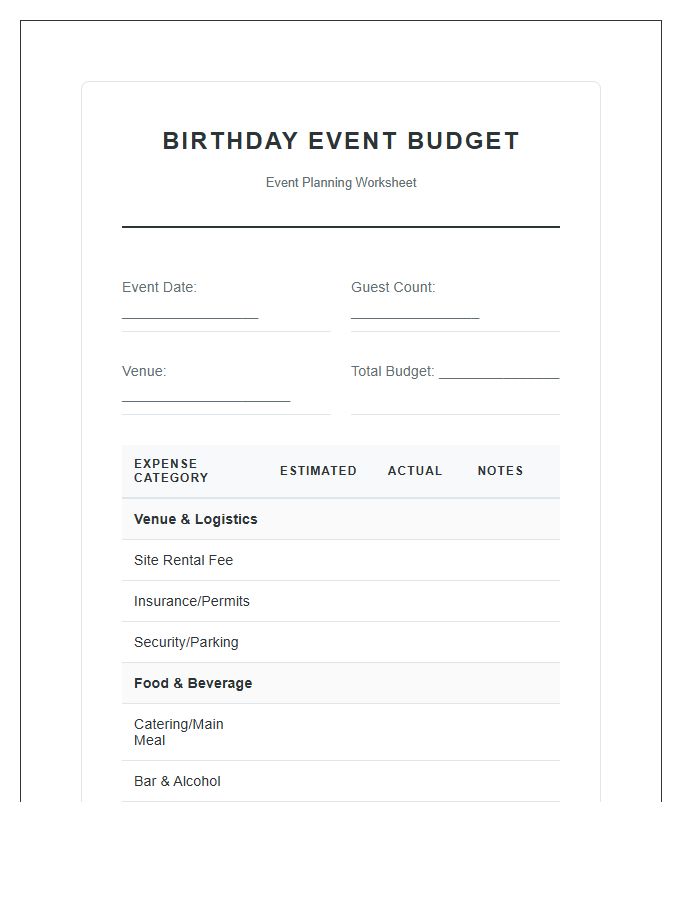 Adult Birthday Event Planning Printable Budget Chart