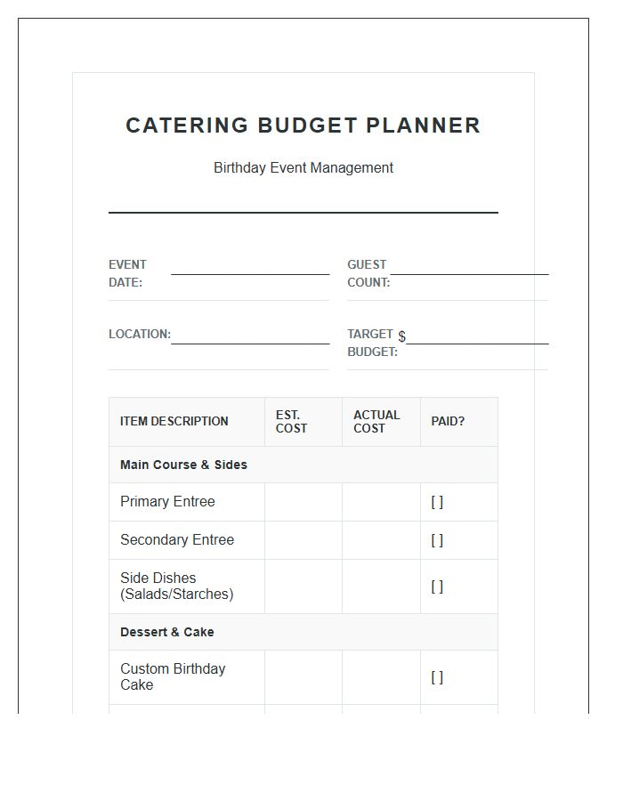 Birthday Party Catering Costs Printable Budget Chart