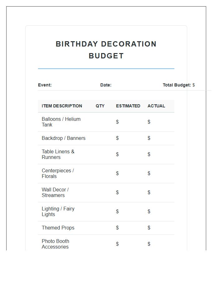 Birthday Party Decoration Expense Printable Budget Chart