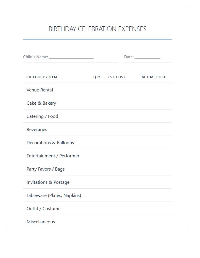 Child Birthday Celebration Printable Expense Chart