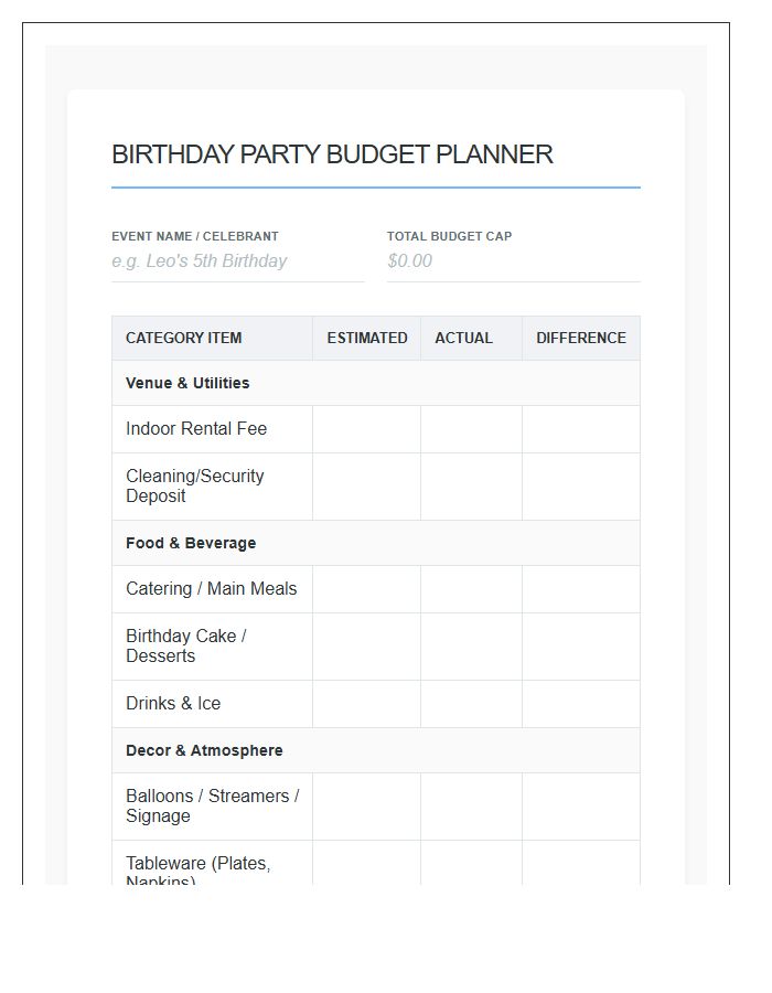 Indoor Birthday Party Planning Printable Budget Chart