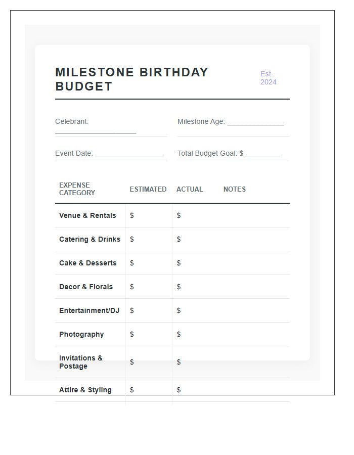 Milestone Birthday Party Printable Budget Chart