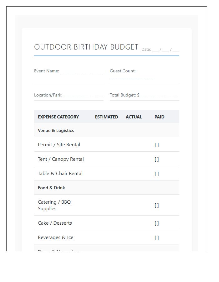 Outdoor Birthday Party Planning Printable Budget Chart
