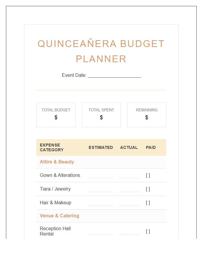 Quinceanera Birthday Celebration Printable Budget Chart