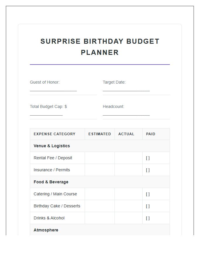 Surprise Birthday Party Planning Printable Budget Chart