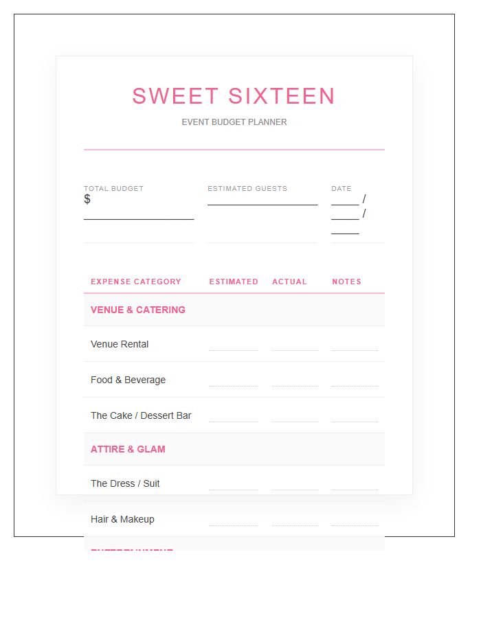 Sweet Sixteen Birthday Party Printable Budget Chart