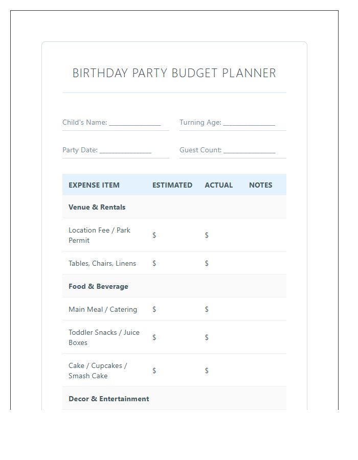 Toddler Birthday Party Planning Printable Budget Chart