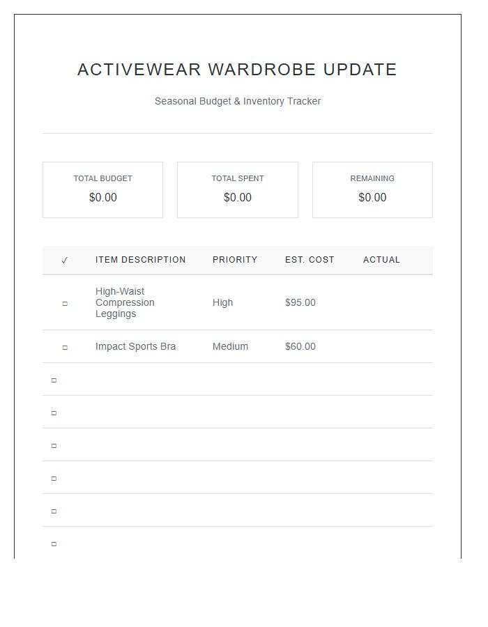 Activewear Collection Wardrobe Update Printable Budget Chart