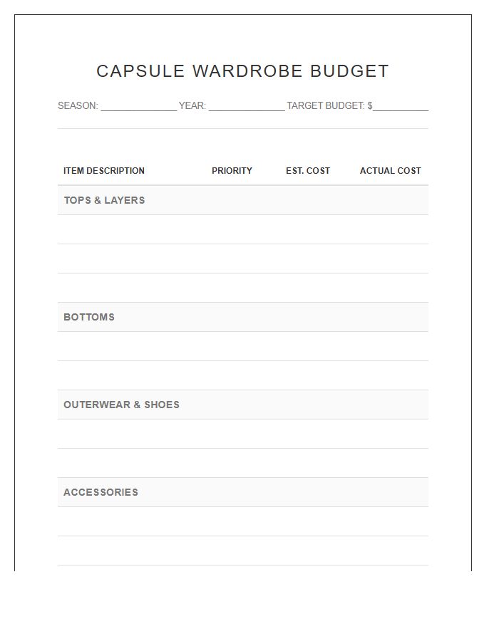 Capsule Wardrobe Planning Printable Budget Chart