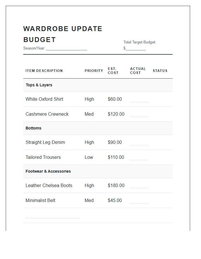 Complete Personal Wardrobe Update Printable Budget Chart