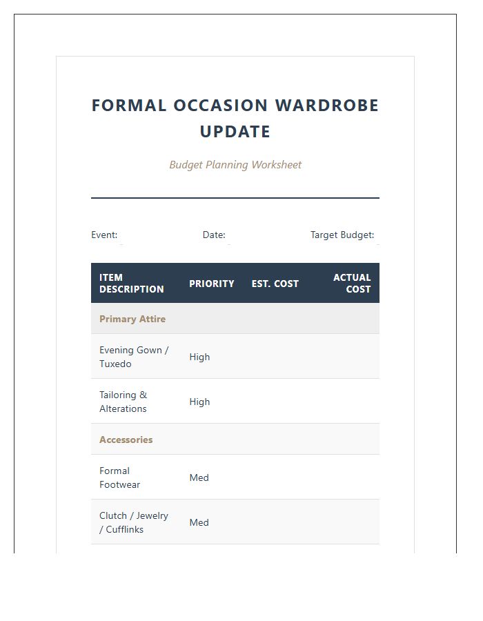 Formal Occasion Wardrobe Update Printable Budget Chart