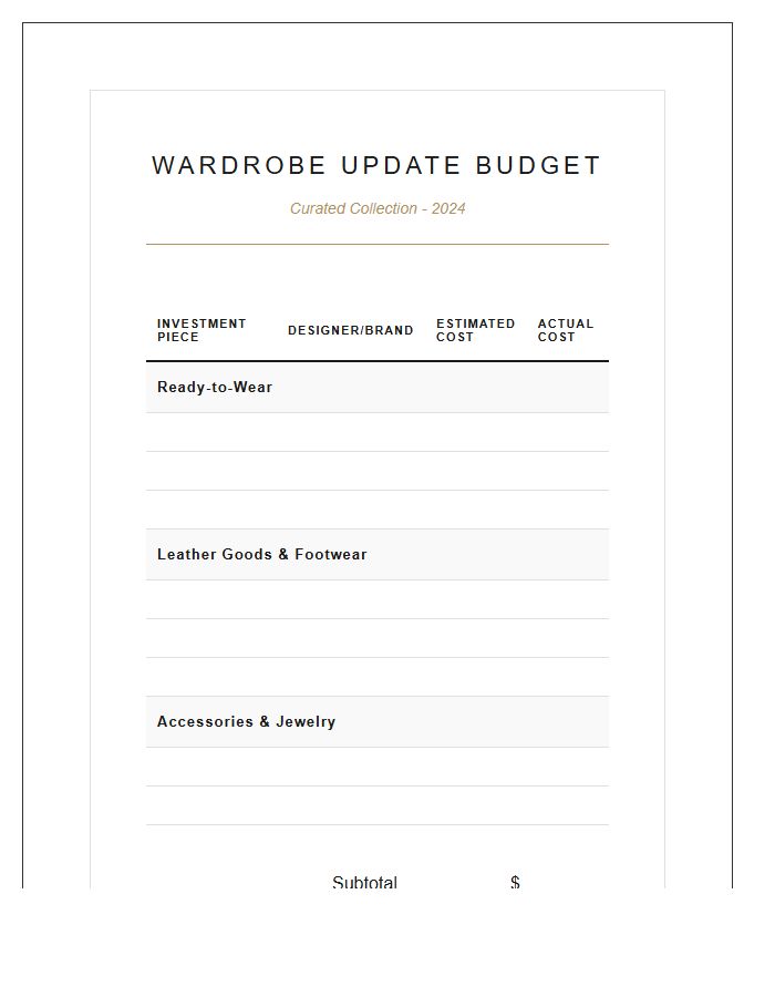 Luxury Fashion Wardrobe Update Printable Budget Chart