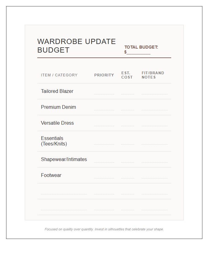 Plus Size Wardrobe Update Printable Budget Chart