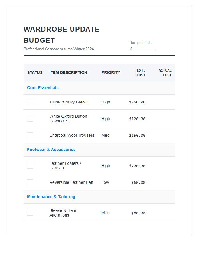 Professional Office Wardrobe Update Printable Budget Chart