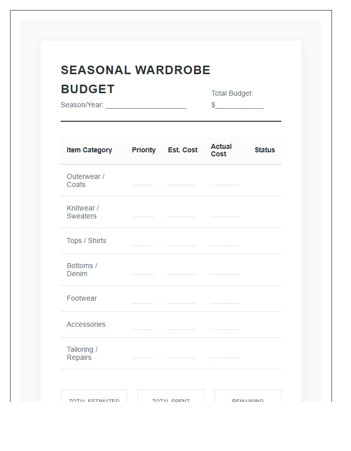 Seasonal Clothing Wardrobe Update Printable Budget Chart