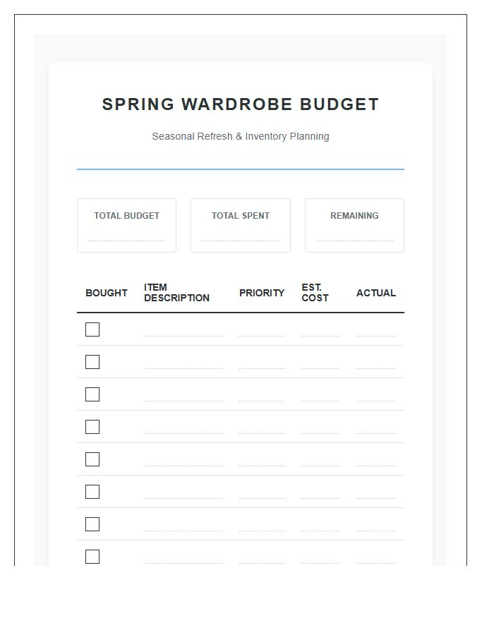 Spring Cleaning Wardrobe Update Printable Budget Chart