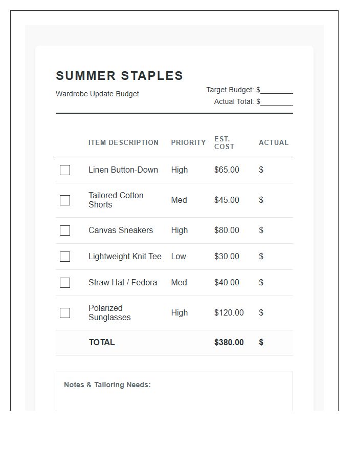 Summer Staples Wardrobe Update Printable Budget Chart