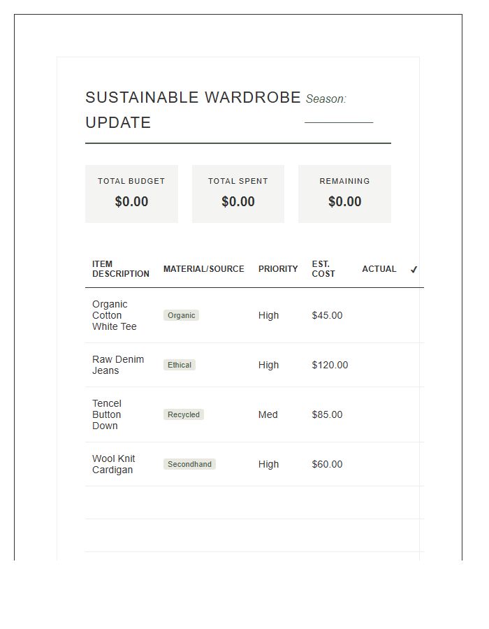Sustainable Capsule Wardrobe Update Printable Budget Chart