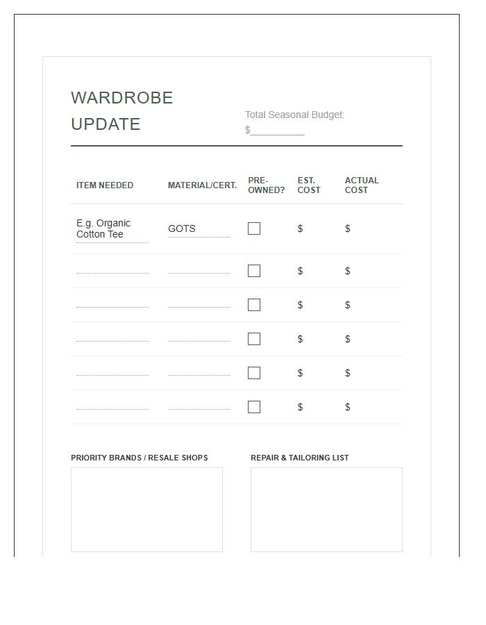 Sustainable Fashion Wardrobe Update Printable Budget Chart