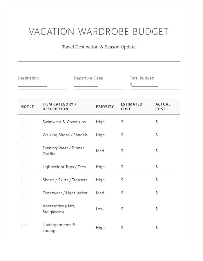 Travel Vacation Wardrobe Update Printable Budget Chart