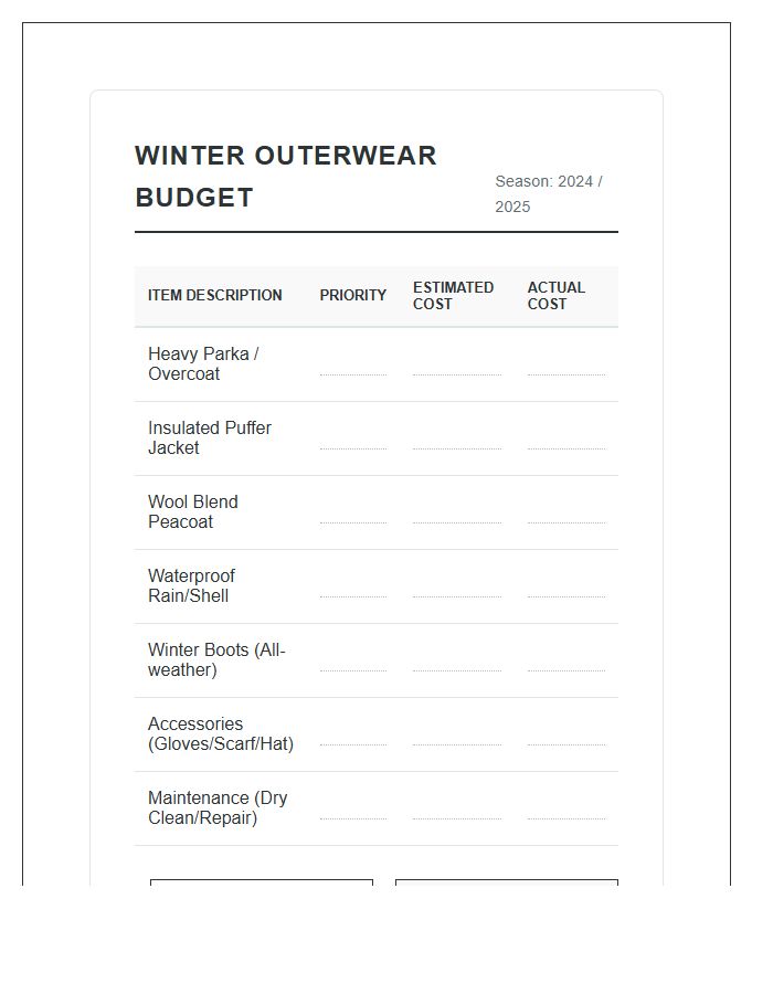 Winter Outerwear Wardrobe Update Printable Budget Chart