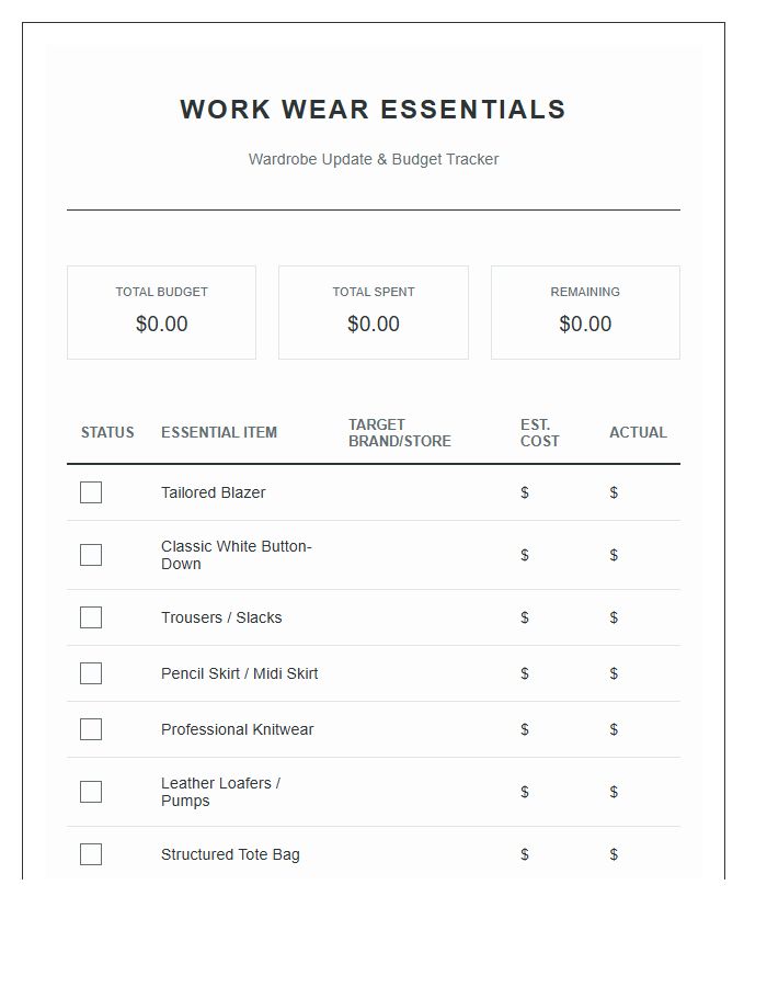 Work Wear Essentials Wardrobe Update Printable Budget Chart