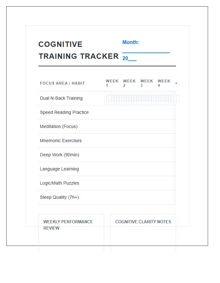 Cognitive Training Habit Calendar Printable Chart