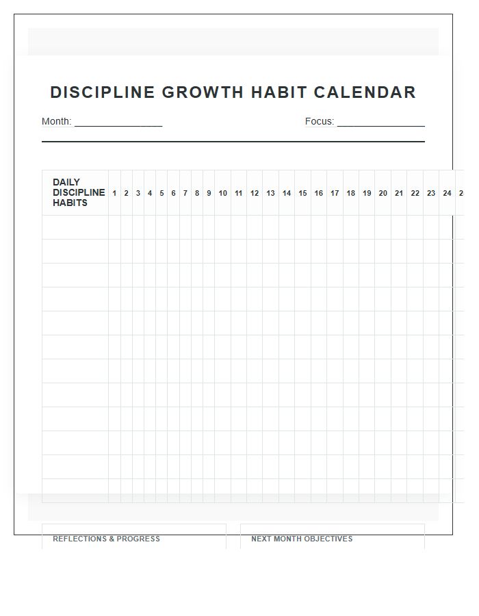Discipline Growth Habit Calendar Printable Chart