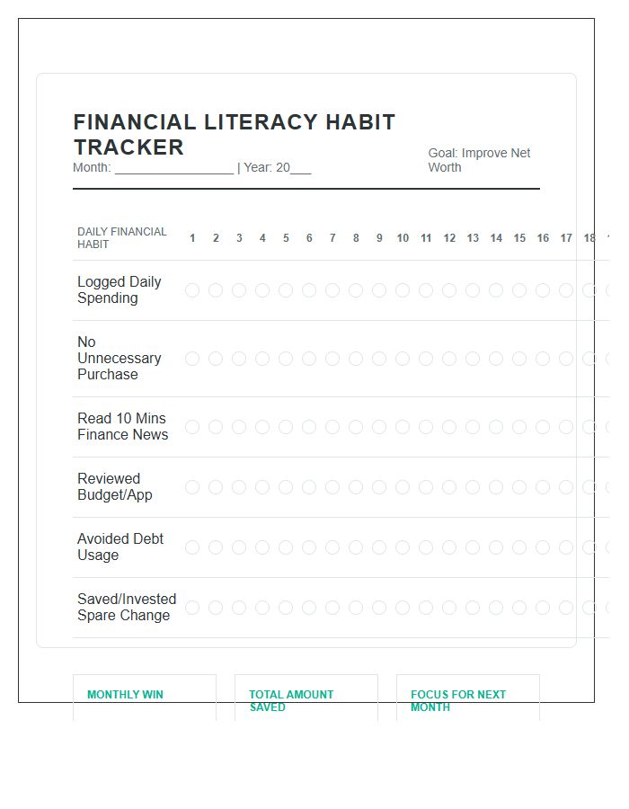 Financial Literacy Habit Calendar Printable Chart