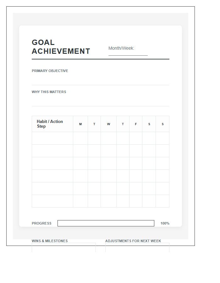 Goal Achievement Progress Habit Printable Chart