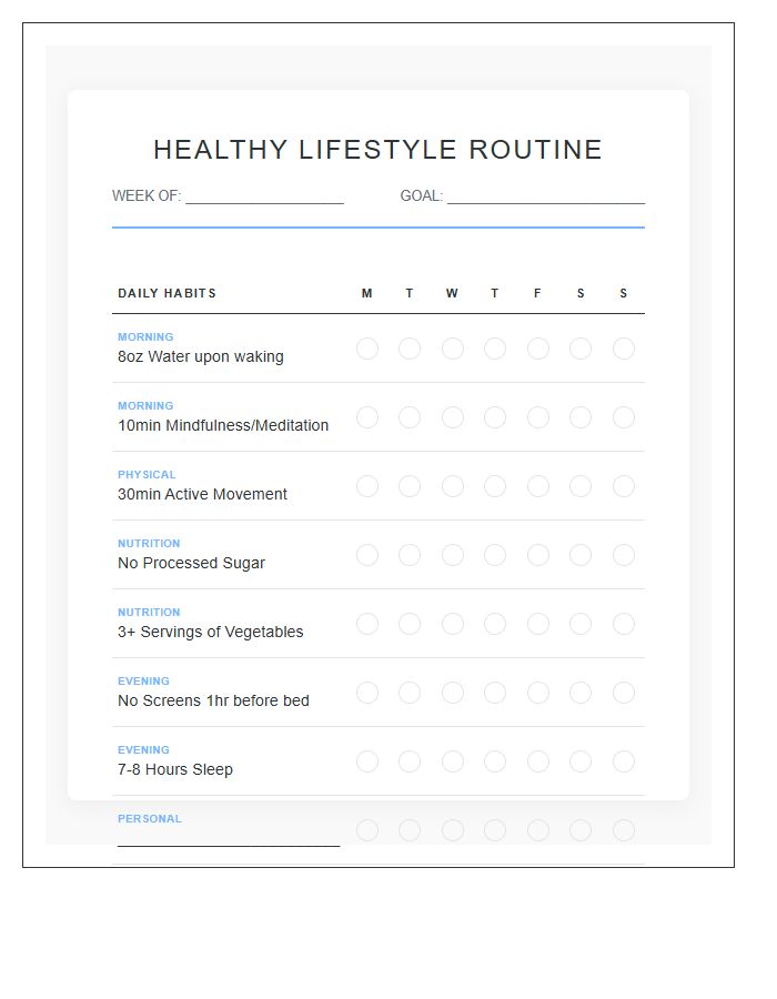 Healthy Lifestyle Routine Habit Printable Chart