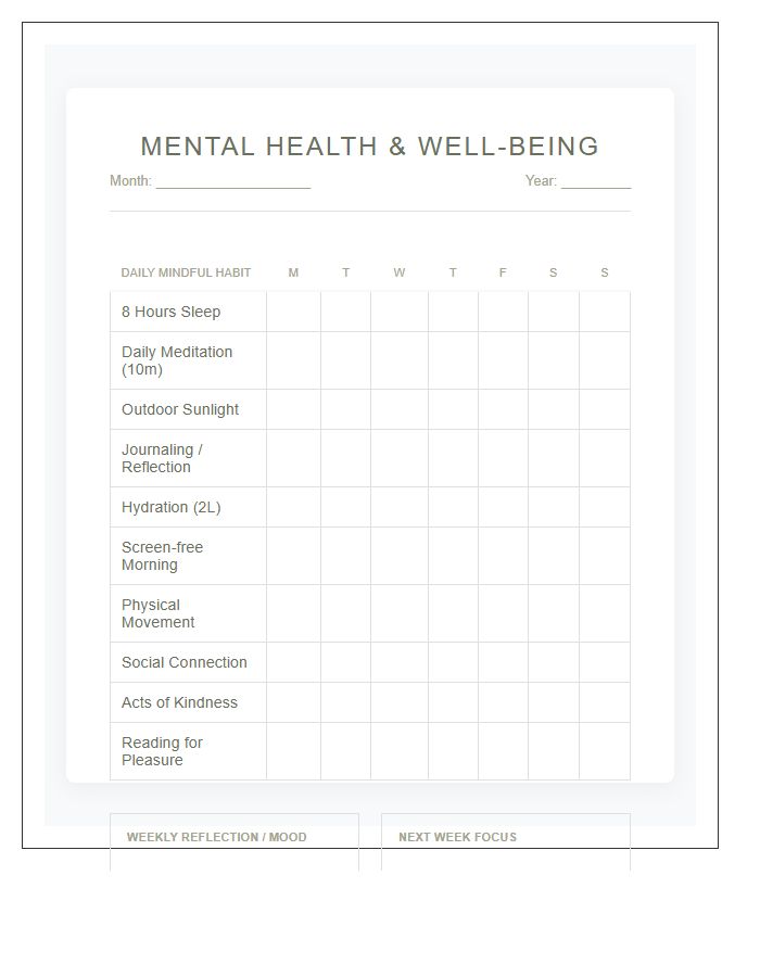 Mental Health Awareness Habit Printable Chart