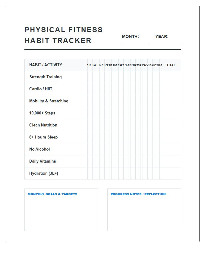 Physical Fitness Habit Calendar Printable Chart