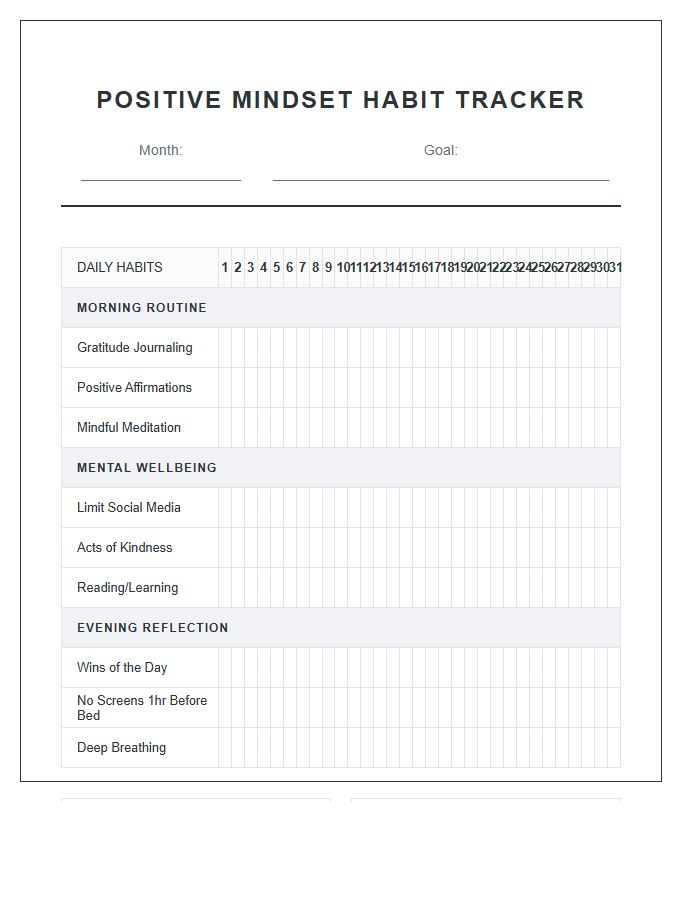 Positive Mindset Habit Calendar Printable Chart