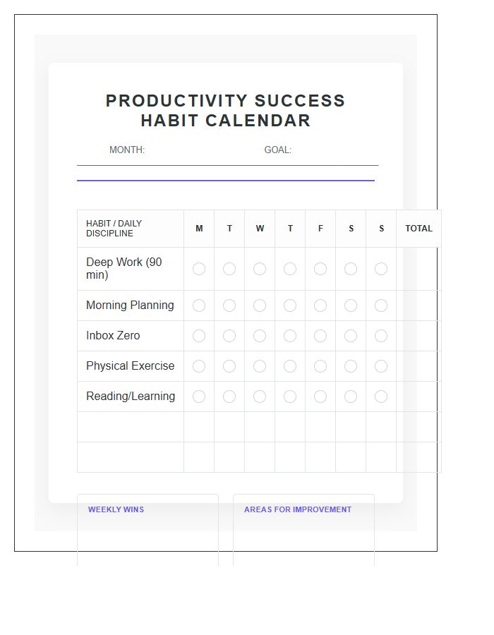 Productivity Success Habit Calendar Printable Chart