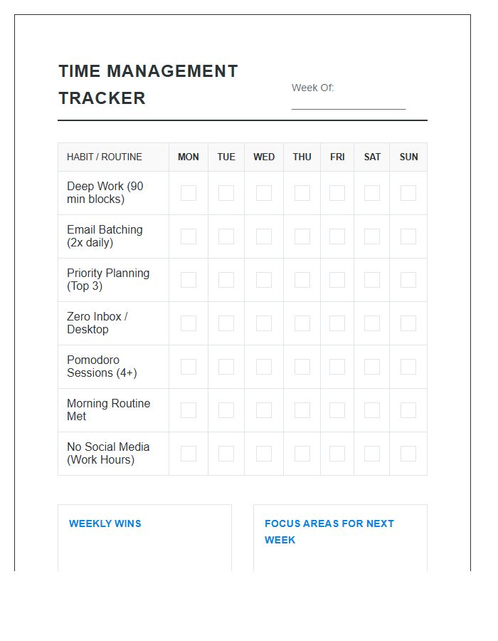 Time Management Habit Tracking Printable Chart