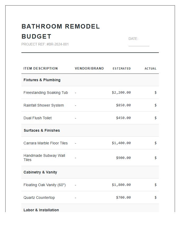 Bathroom Interior Design Project Printable Budget Chart