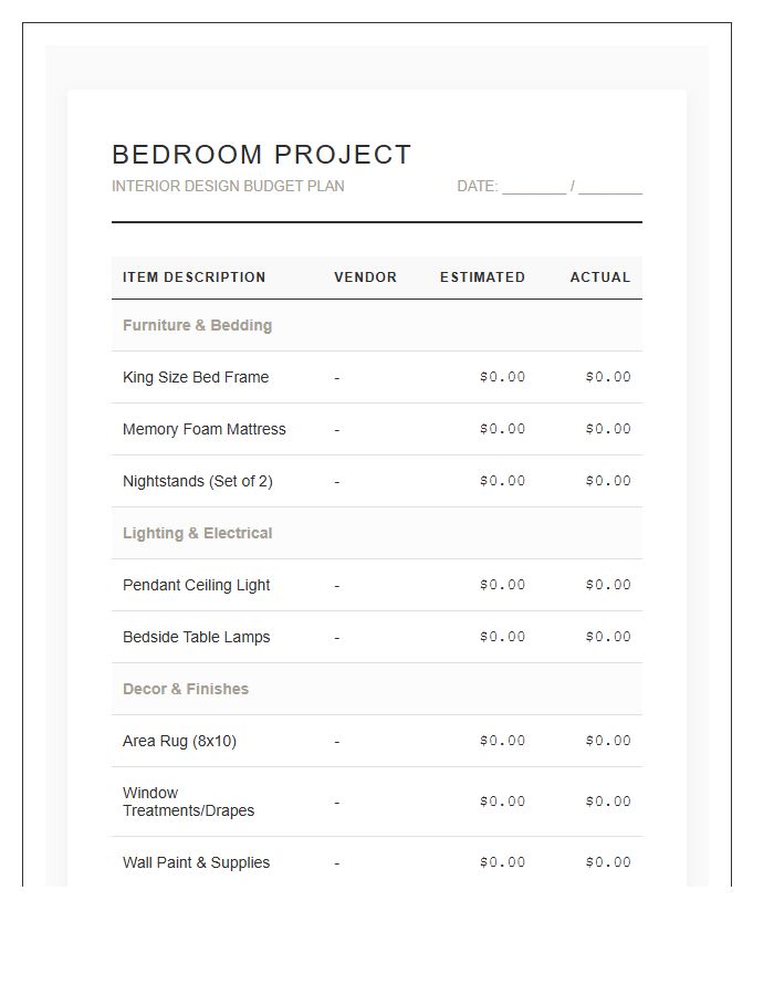 Bedroom Interior Design Project Printable Budget Chart