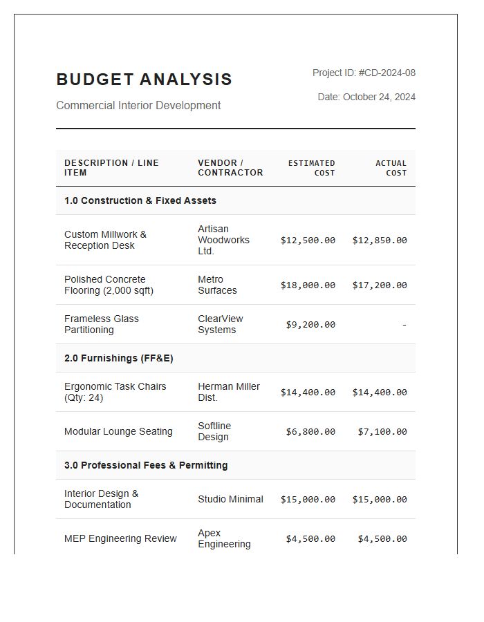 Commercial Interior Design Project Printable Budget Chart