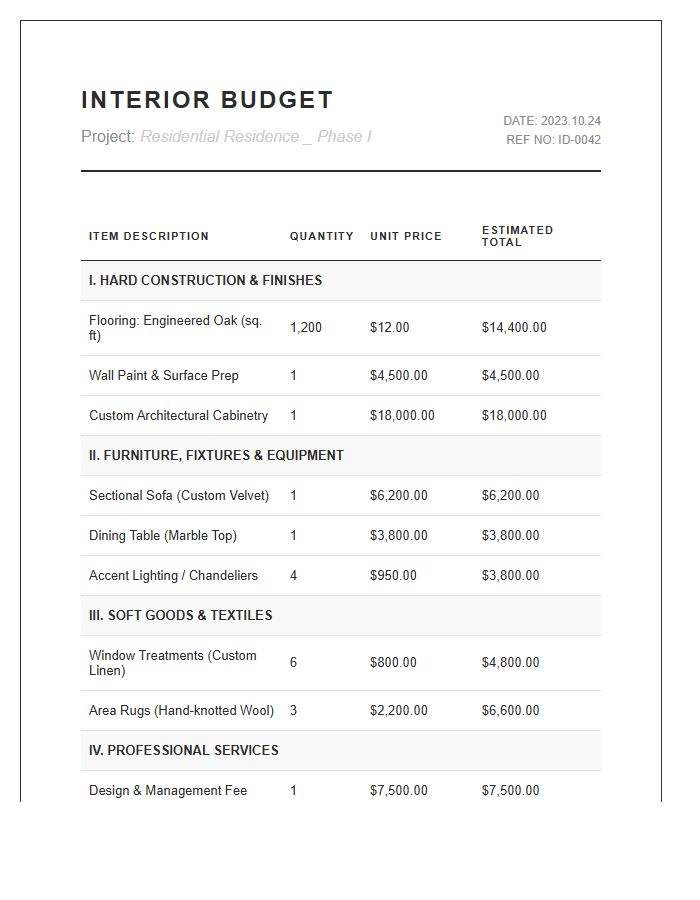 Comprehensive Interior Design Project Printable Budget Chart