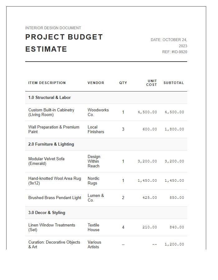 Detailed Interior Design Project Printable Budget Chart