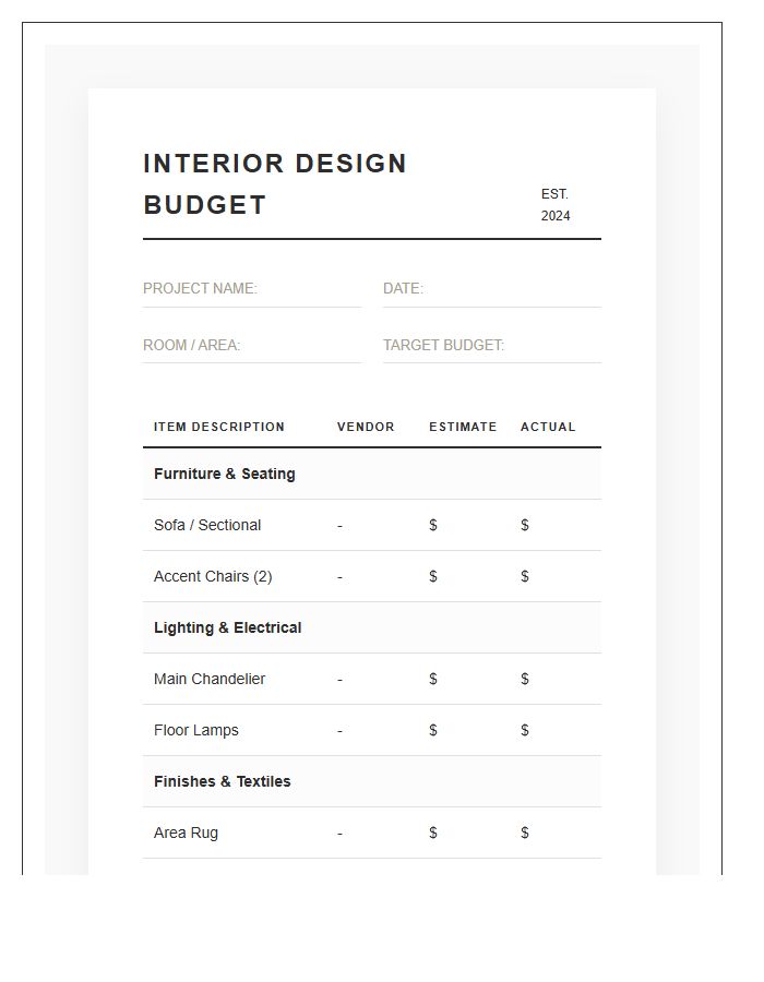 Essential Interior Design Project Printable Budget Chart