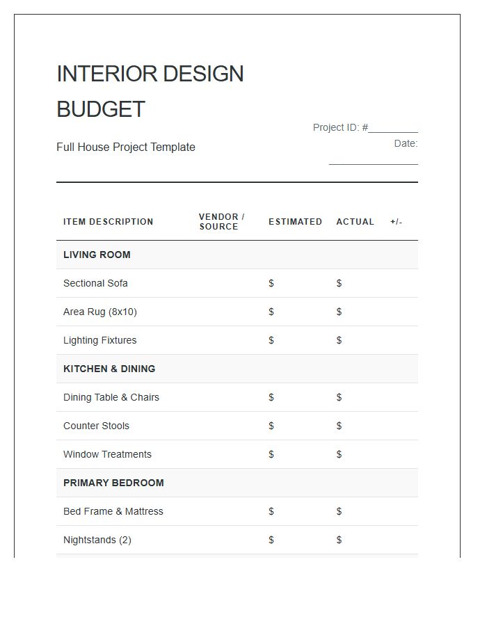 Full House Interior Design Project Printable Budget Chart