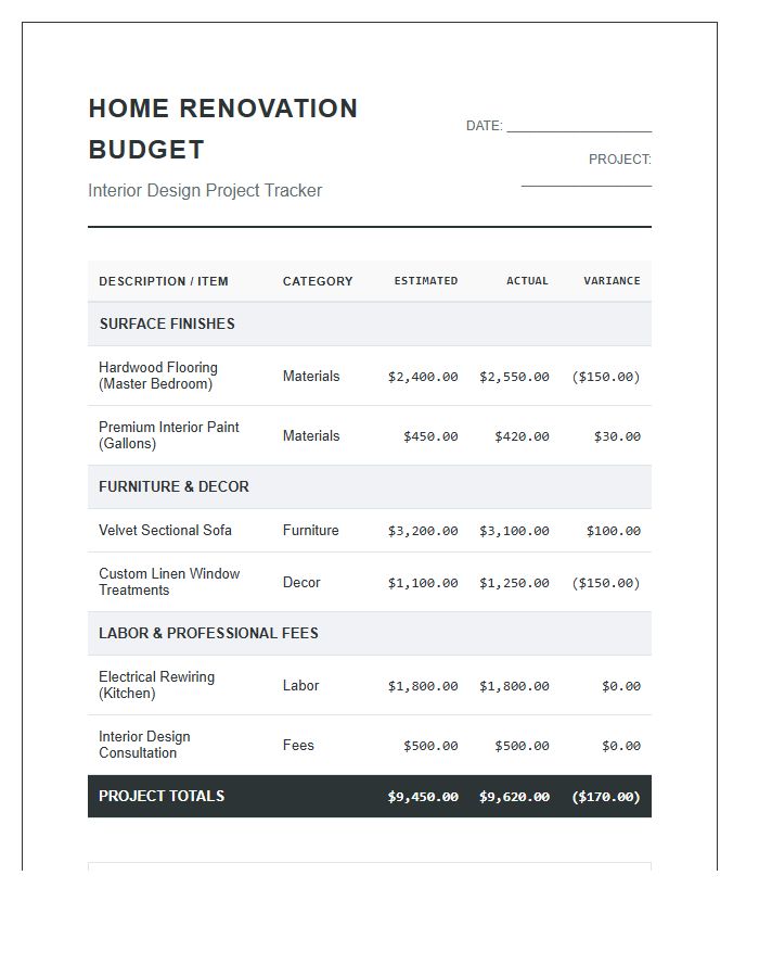 Home Renovation Interior Design Project Printable Budget Chart