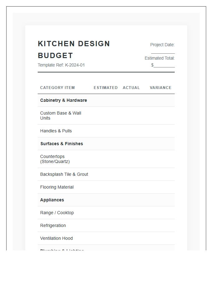 Kitchen Interior Design Project Printable Budget Chart