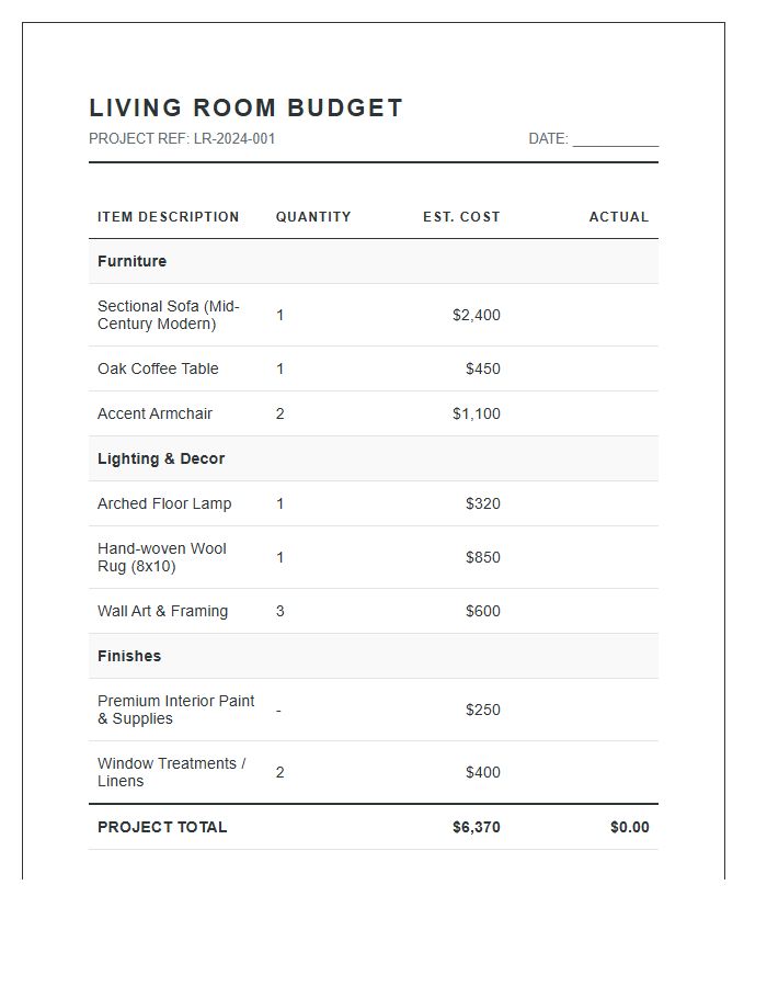 Living Room Interior Design Project Printable Budget Chart